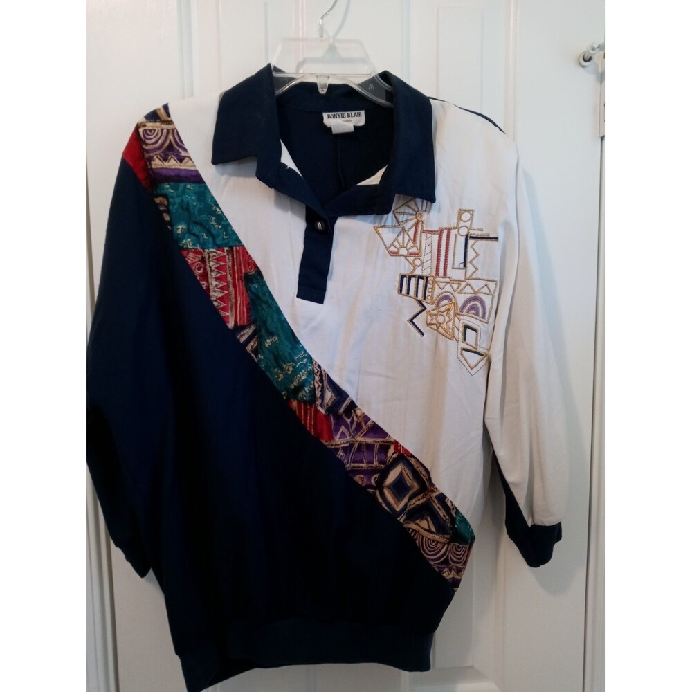 Vintage Bonnie Blair Color Block Blouse Shirt Top Pullover w/ Beautiful Pattern